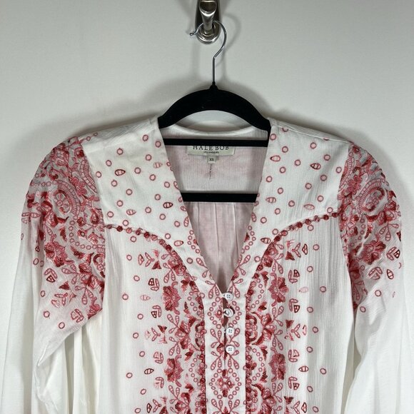 Hale Bob Mimi Embroidered Crepe Top XS White Pink Boho Hippie Floral - Picture 2 of 10